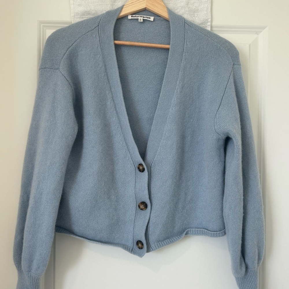 Reformation Blue Cardigan Sweater V-Neck Cropped